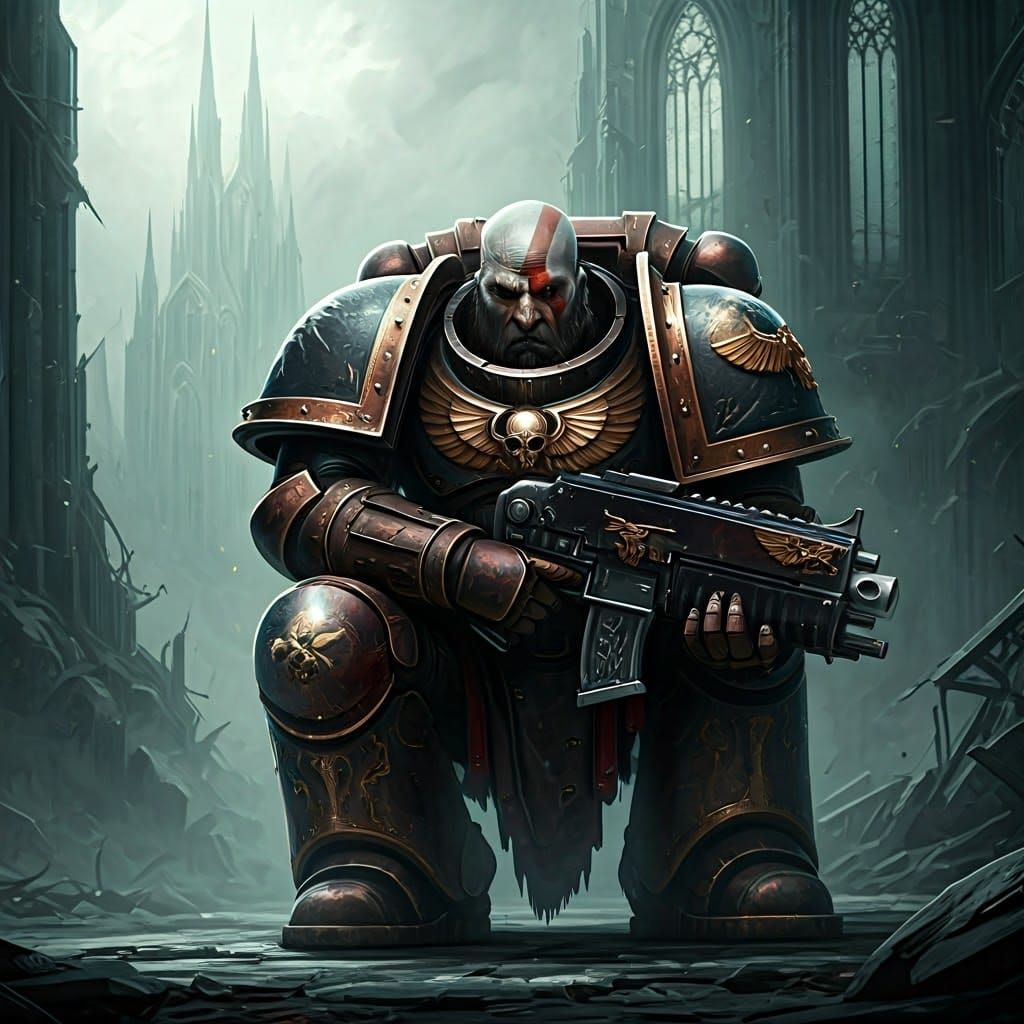 Kratos as Space Marine in Grimdark Ruins