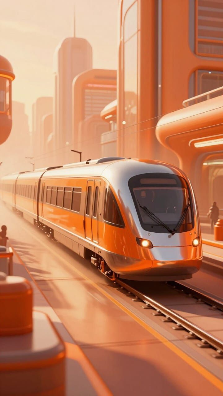 Retro-Futuristic Orange Train in Glowing Cityscape