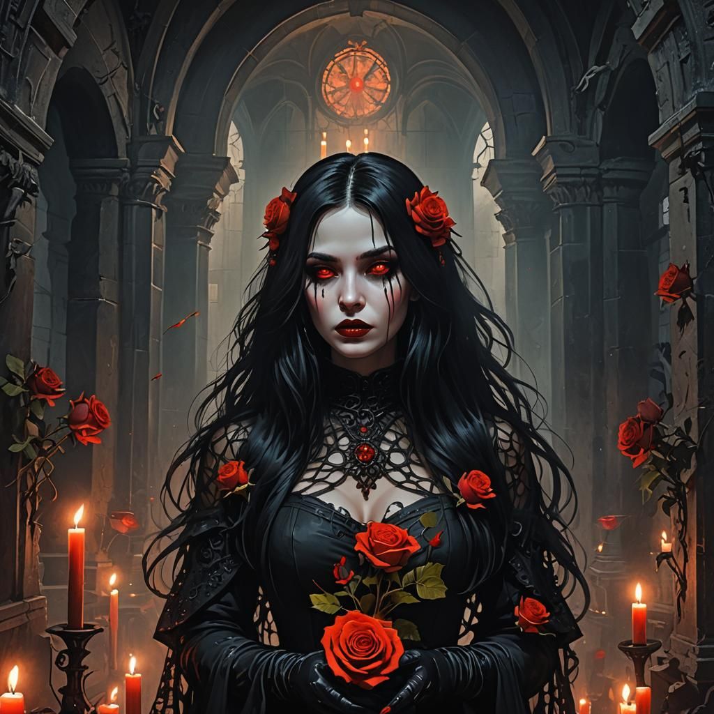 Ghostwoman with Luminous Roses in Cyberpunk Gothic Art