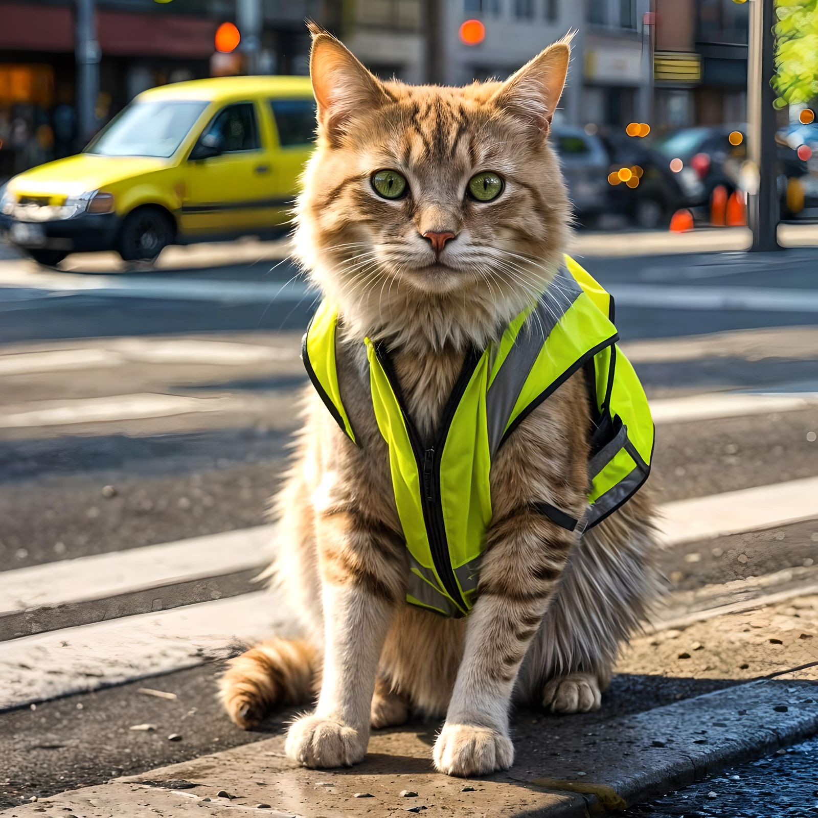 Cat in Safety Vest at Crosswalk, Detailed Portrait