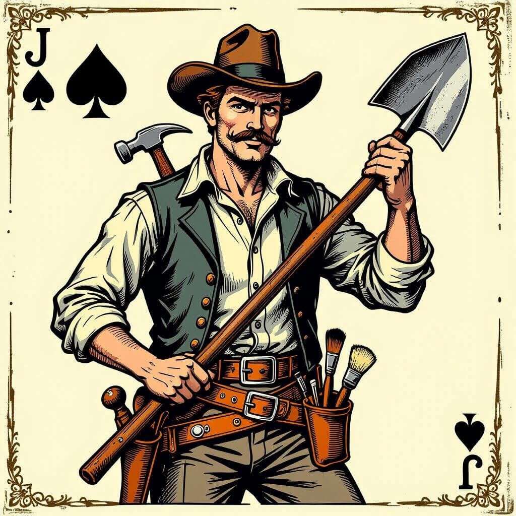 Jack of All Trades with Spade, Vintage Woodcut Style