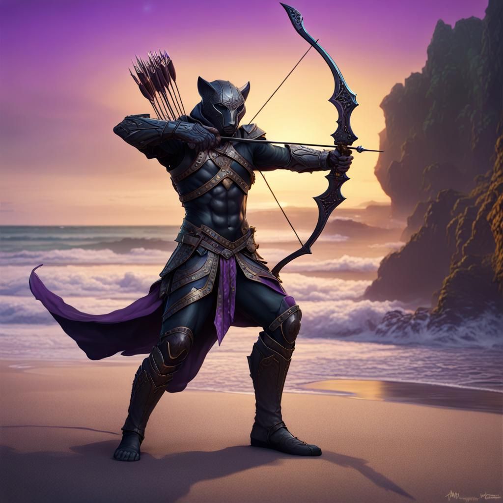 Dark Panther Archer on a Beach, Fantasy Art