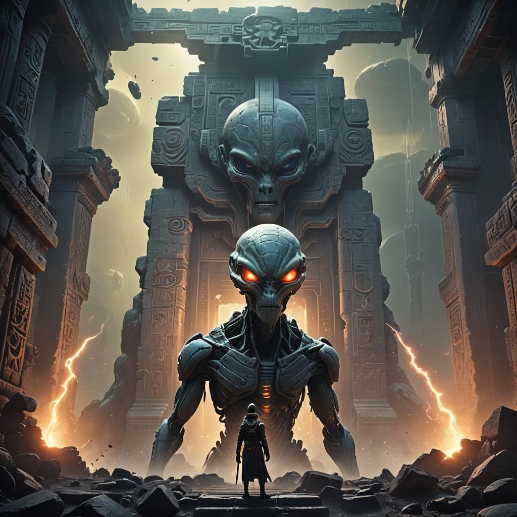 Angry Grey Aliens in Ancient Temple Ruins