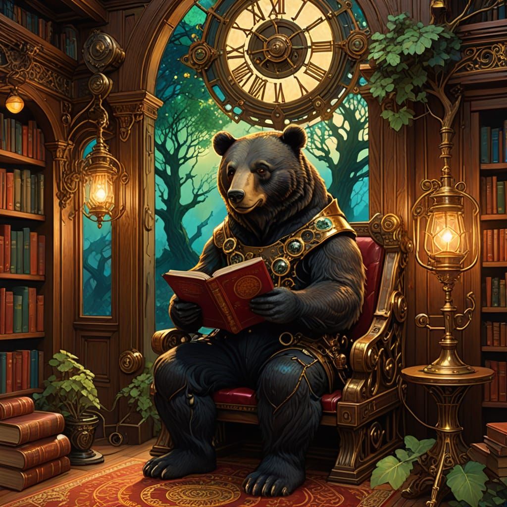 Steampunk Oak Tree Leads to Library with Reading Bear