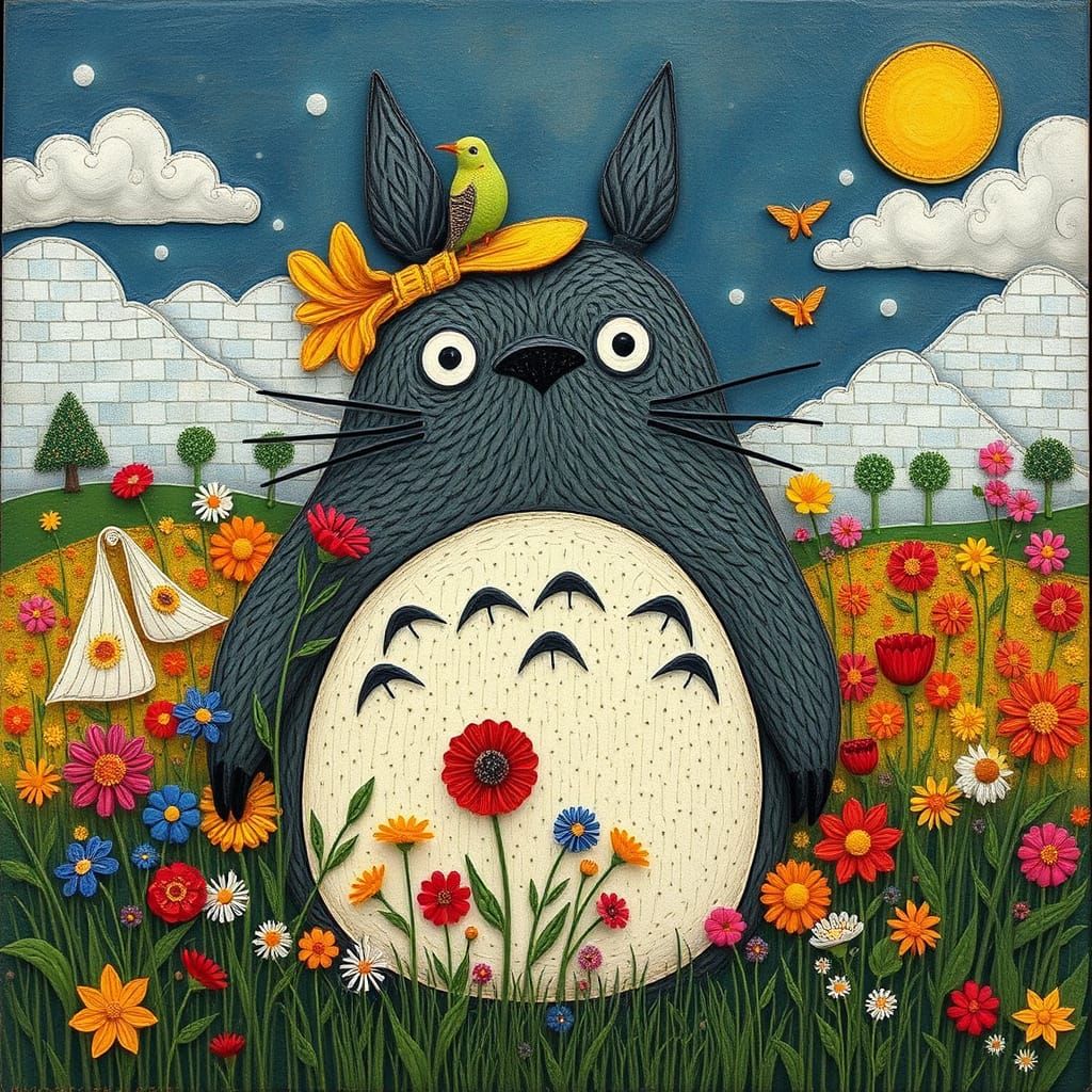 Totoro's Whimsical Floral Gathering in Folk Art Anime Style