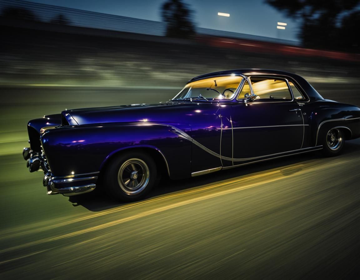 Retro Coupe Races Down Freeway at Night