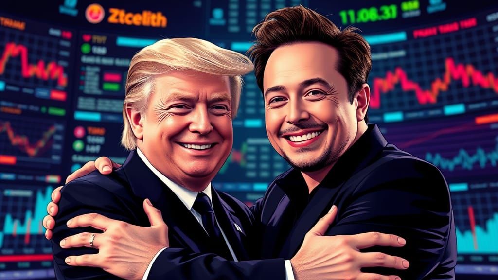 Trump and Musk Embrace in Retro Pop Art Style