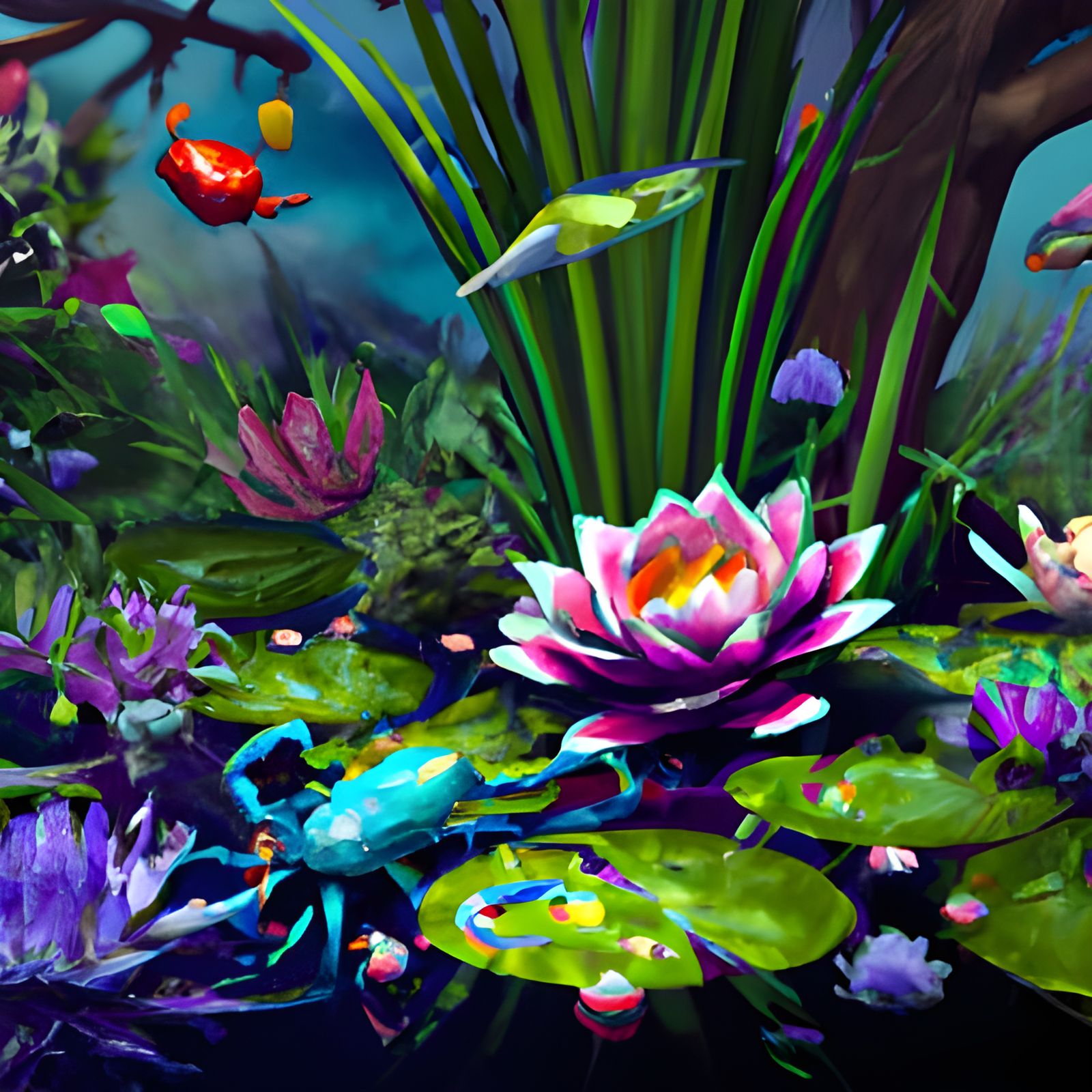 Underwater Watercolor Pond with Lilies and 3D Fauna