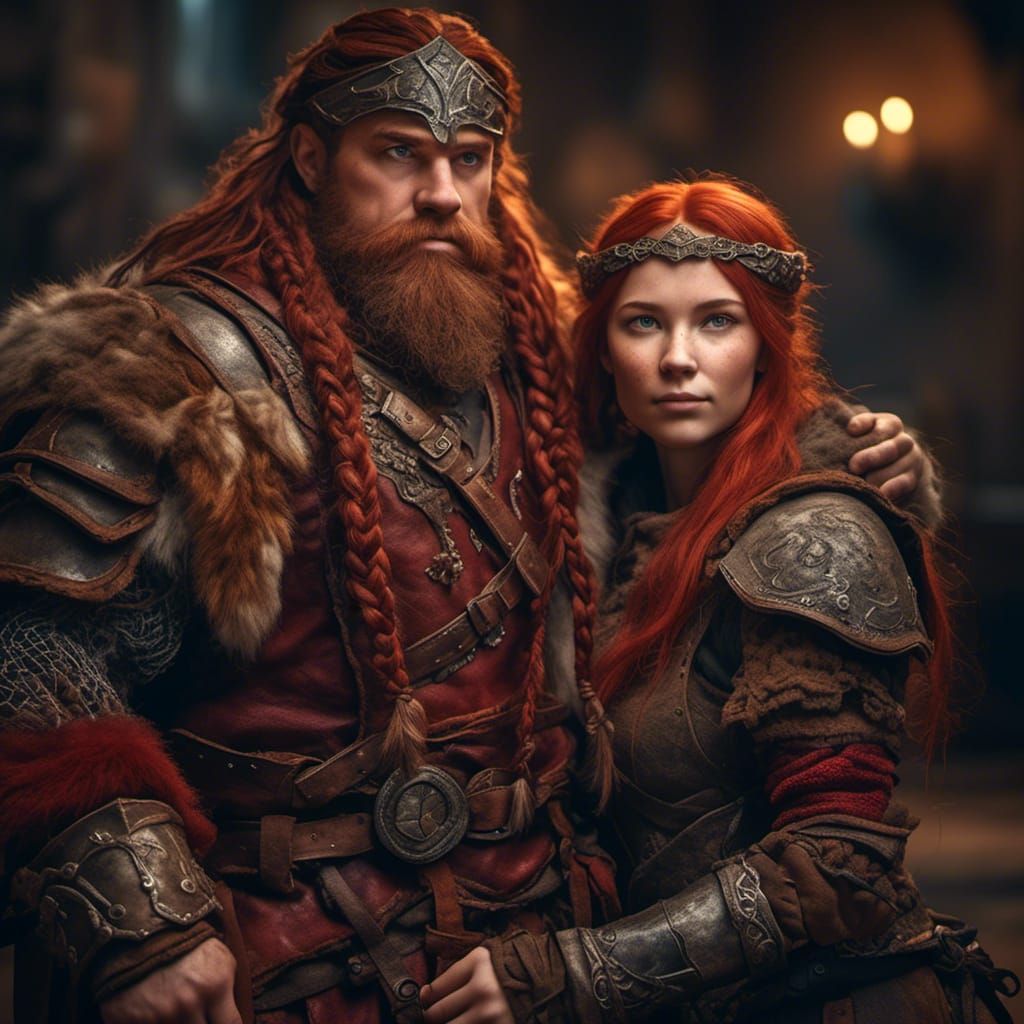 Hyperrealistic Dwarven Couple in Medieval Hall