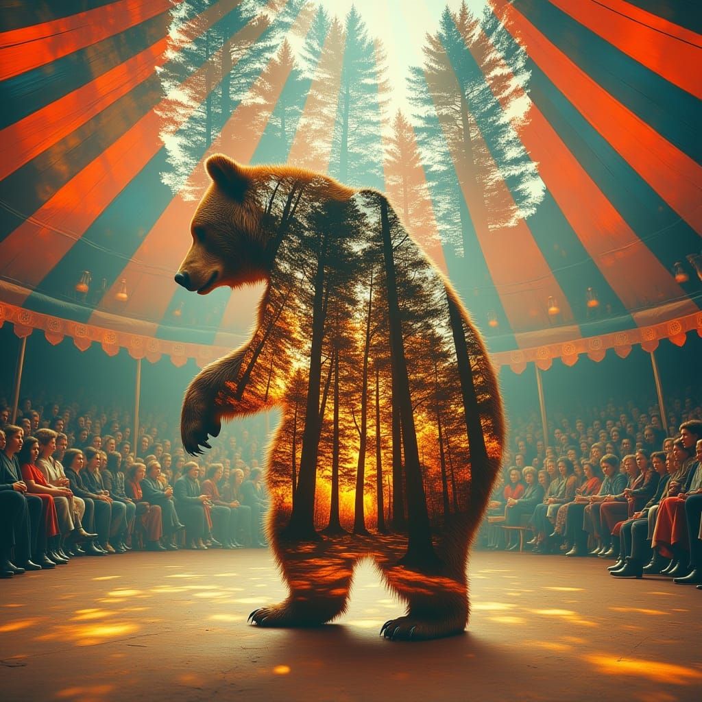 Whimsical Circus Bear Dances Under Starry Big Top