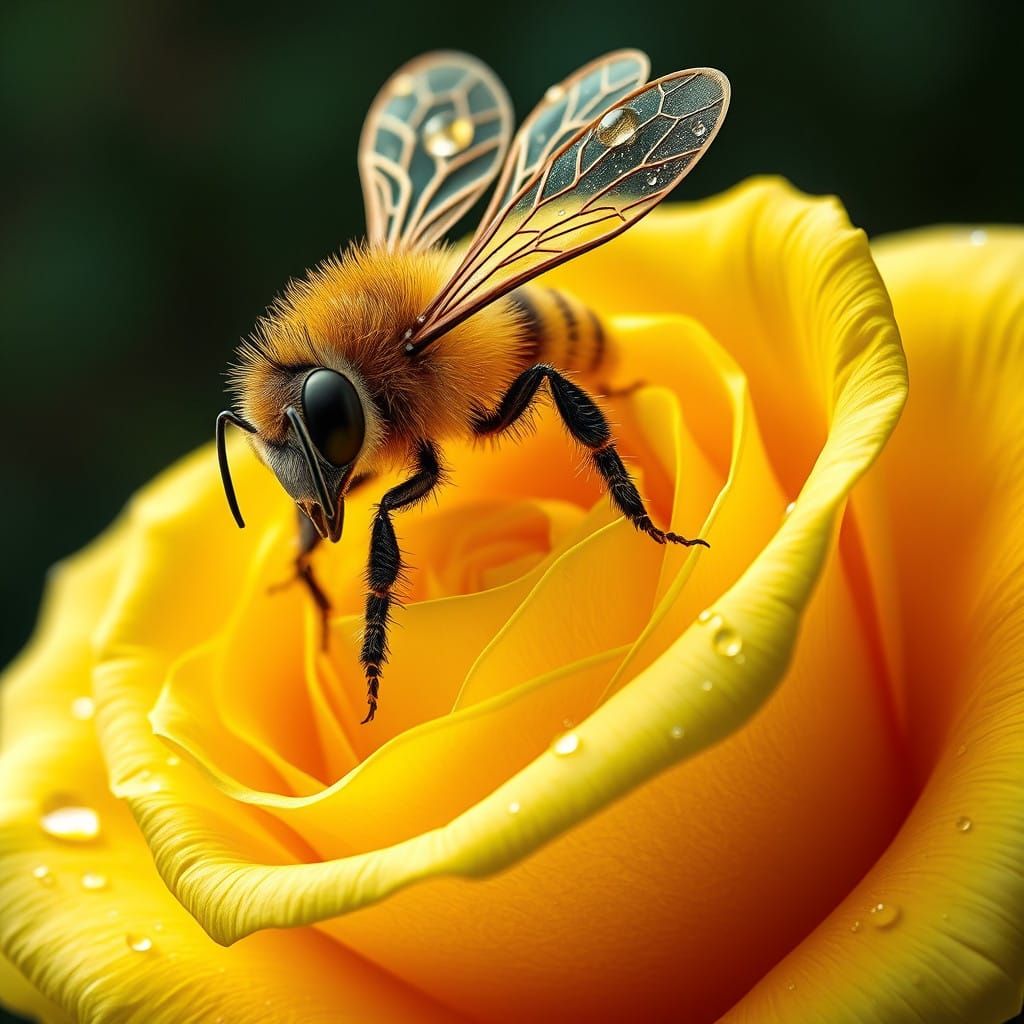 Golden Bee on Yellow Rose with Water Droplets