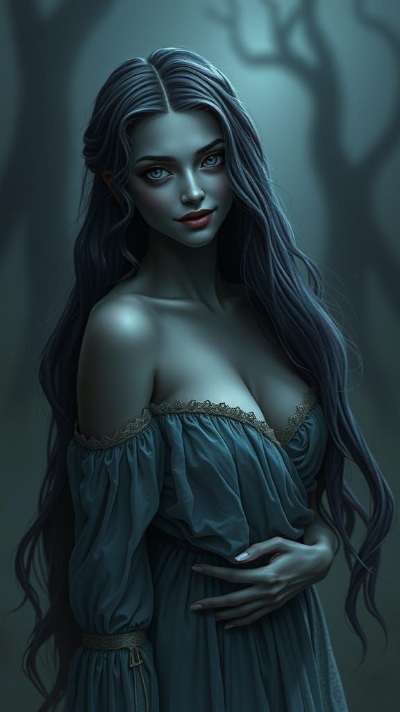 Pretty Ghost Girl with Glowing Eyes in Romantic Horror