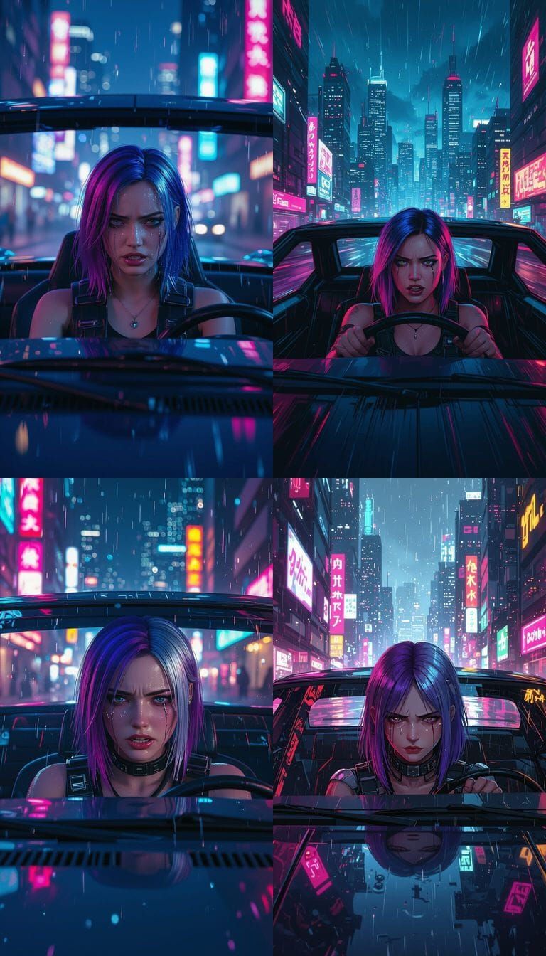 Cyberpunk Girl Drives Futuristic Car Leaving City