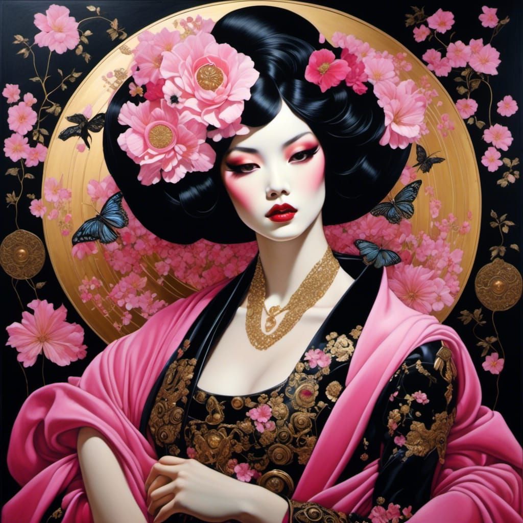 Pink and Black Geisha in Klimt Style