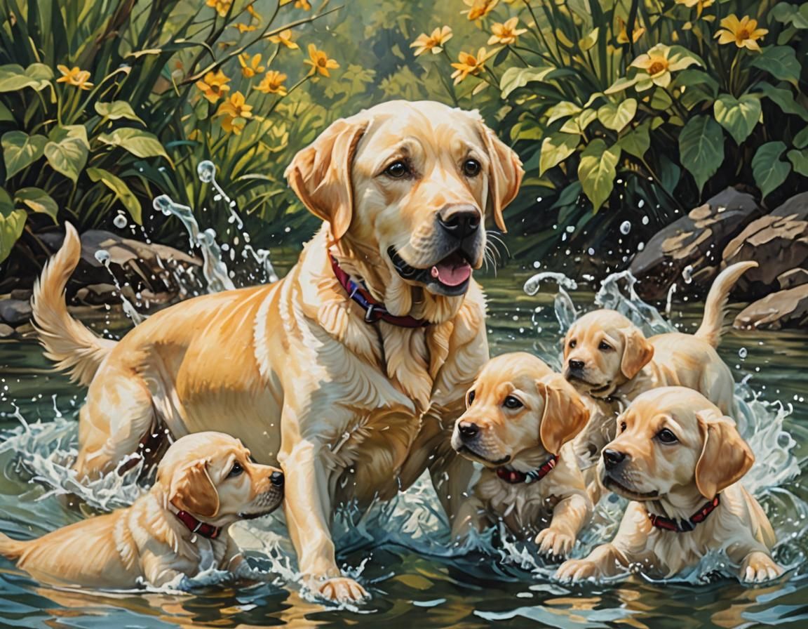 Mom teaching her pups to swim