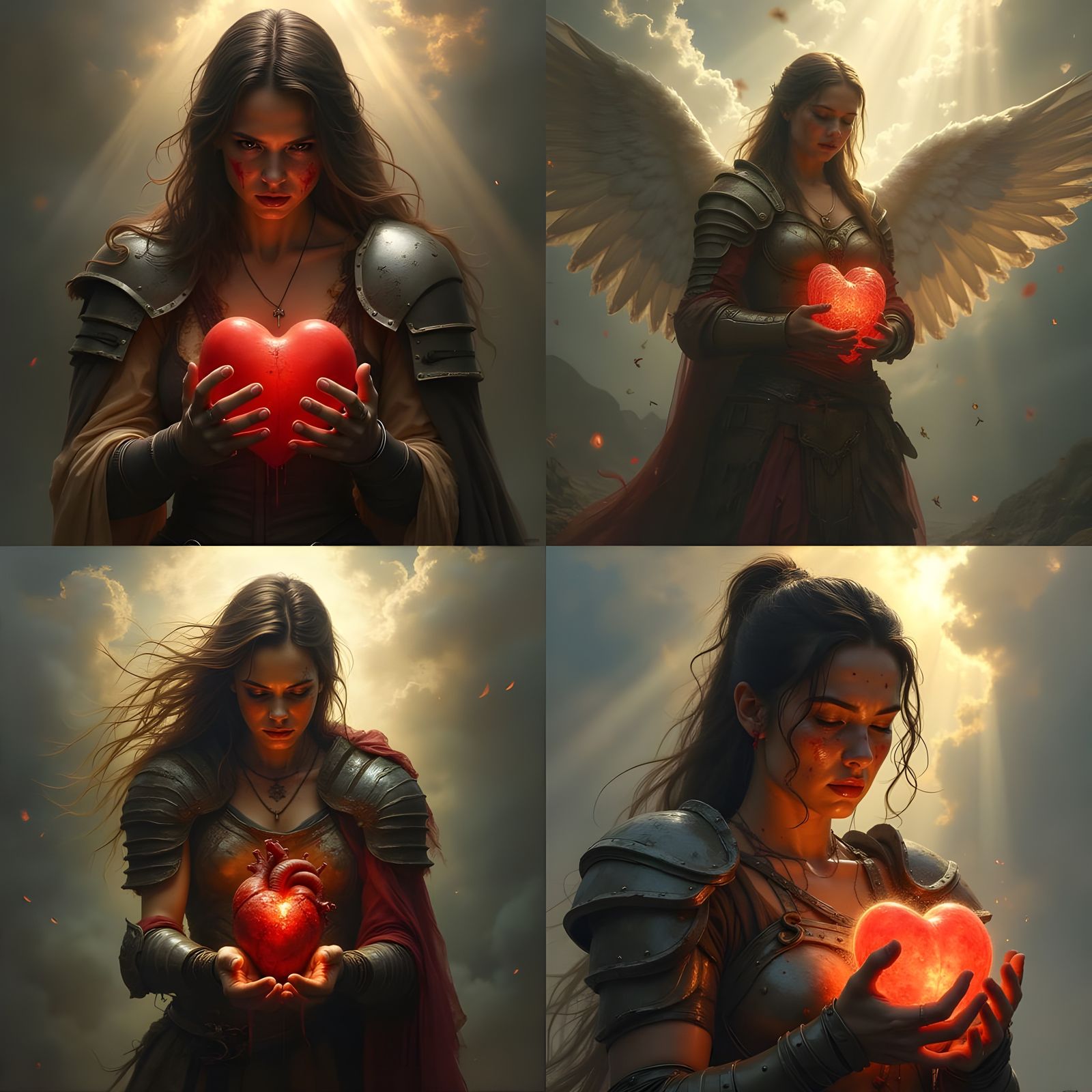 Devastated Warrior Holds Lover's Heart in Divine Light