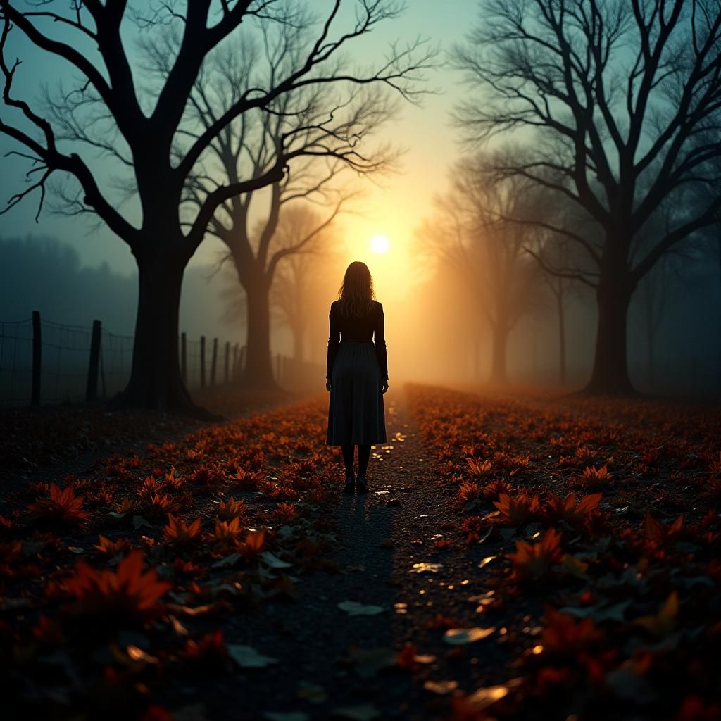 Eerie October Twilight: Woman in Autumn Landscape