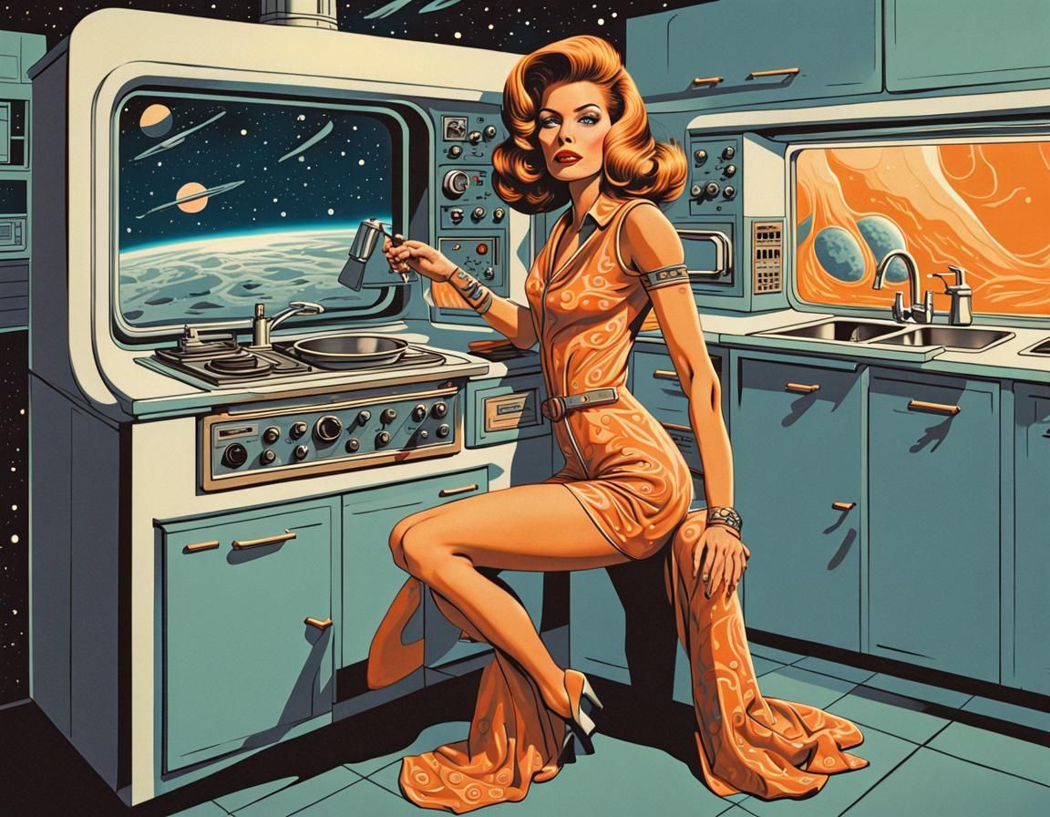 Retro-Futuristic Pin-Up Girl in Spaceship Kitchen