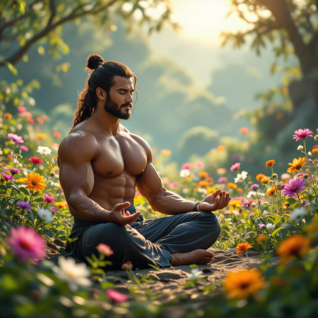 Martial Artist Meditates in Vibrant Floral Landscape