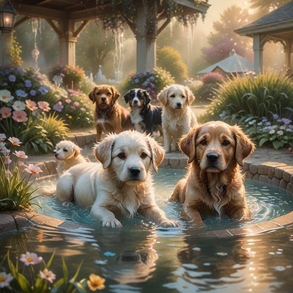 Dogs Playing: Ethereal Fantasy in Kinkade Style