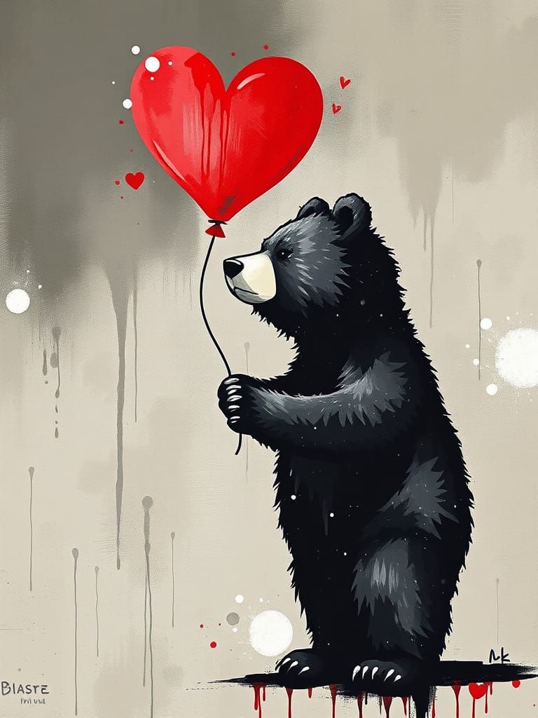 Bear with Heart Balloon in Banksy Style