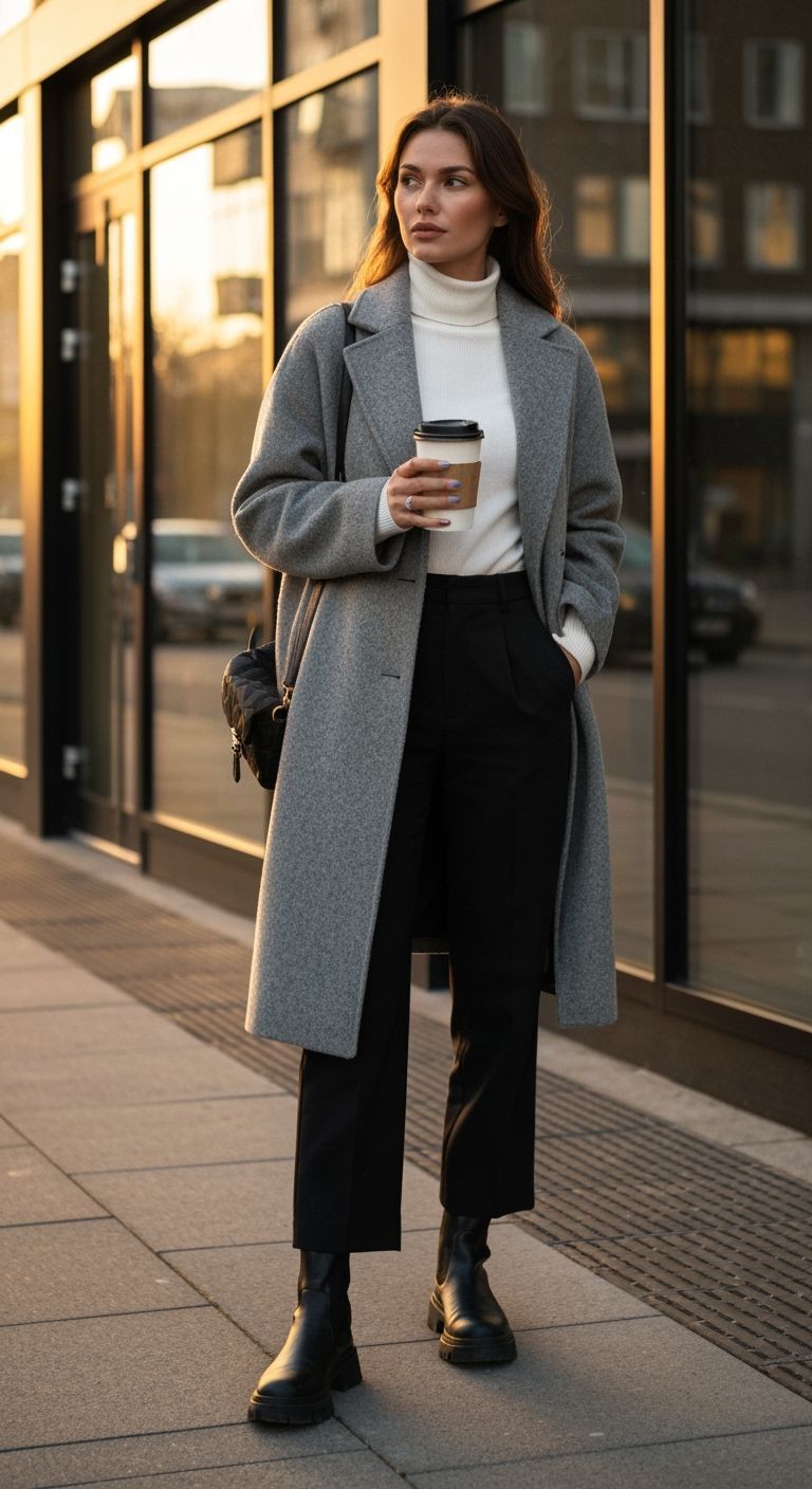 Woman in Grey Coat on City Sidewalk in Golden Hour Light