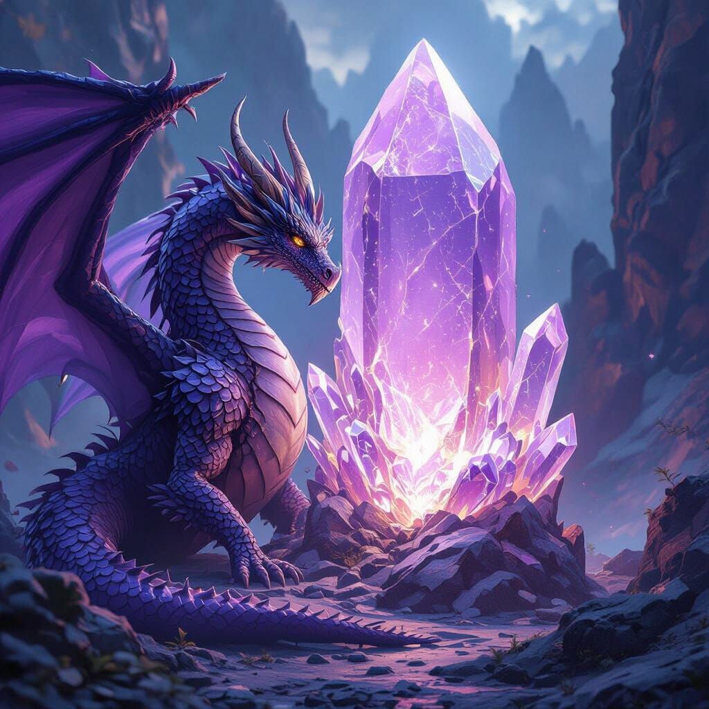 Majestic Dragon Guards Glowing Amethyst Crystal