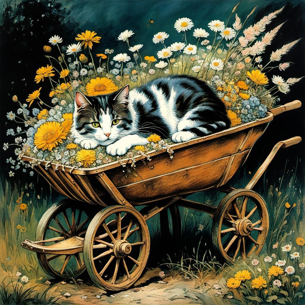 Cat Nap in Wheelbarrow of Flowers