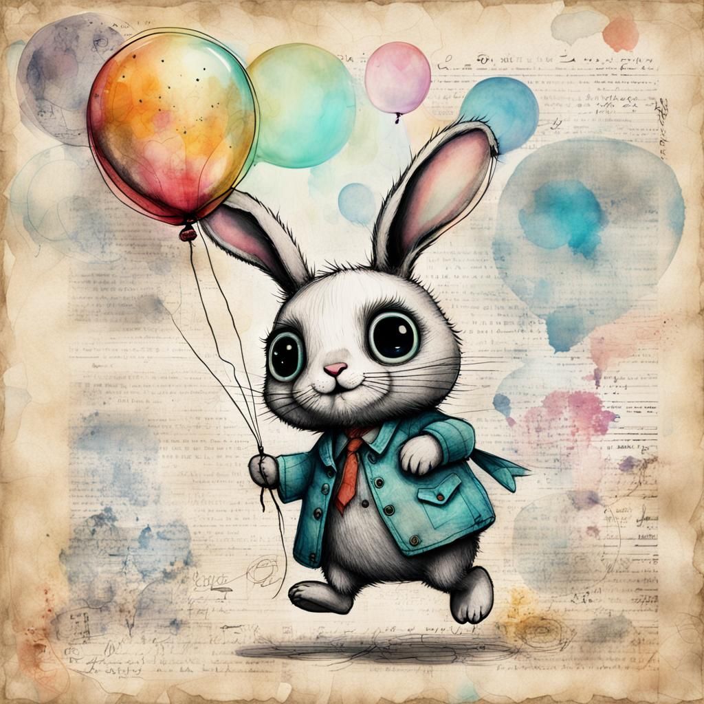 Cute Bunny Flying with Balloon in Pop Surrealism Style