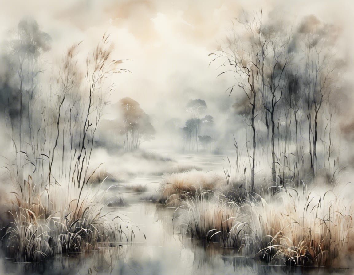 Pale Abstract Watercolor Landscape in White and Gray