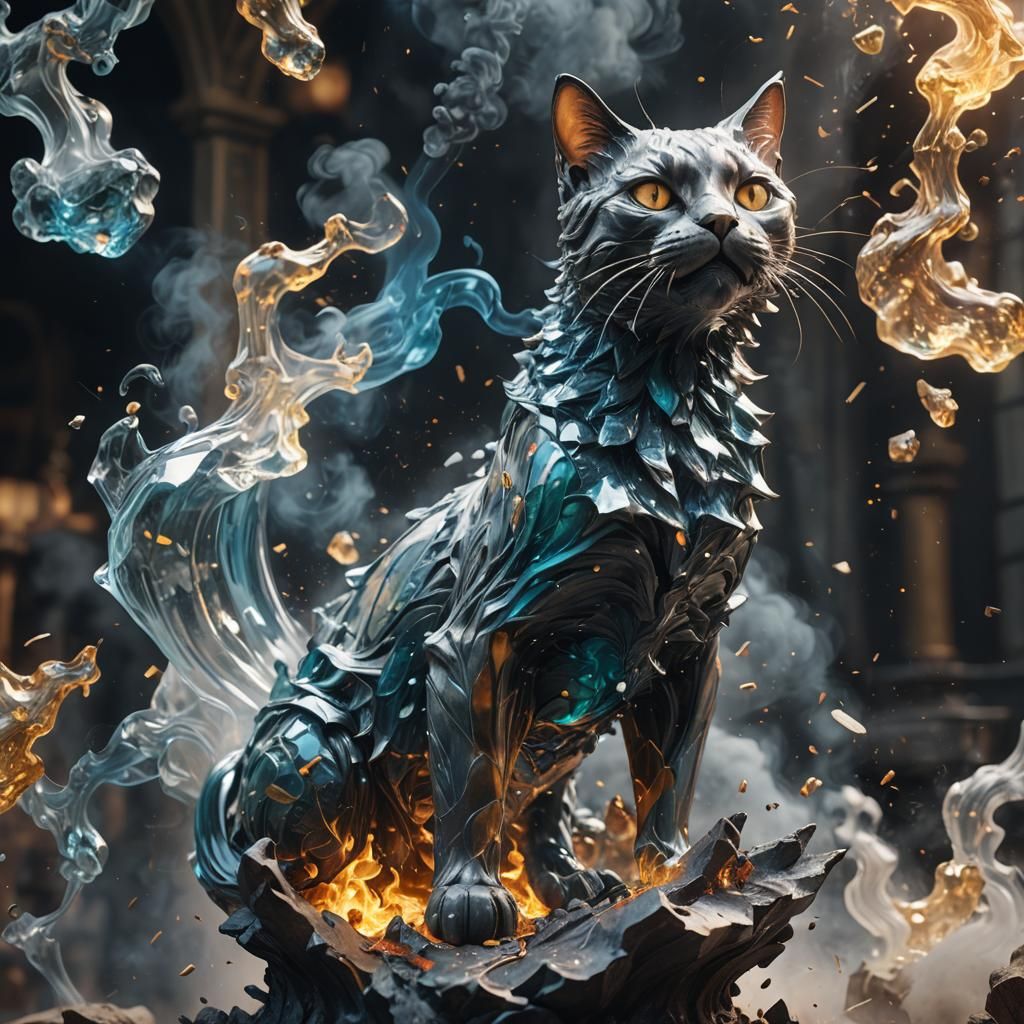 Glass Cat Statue Shattering into Smoke