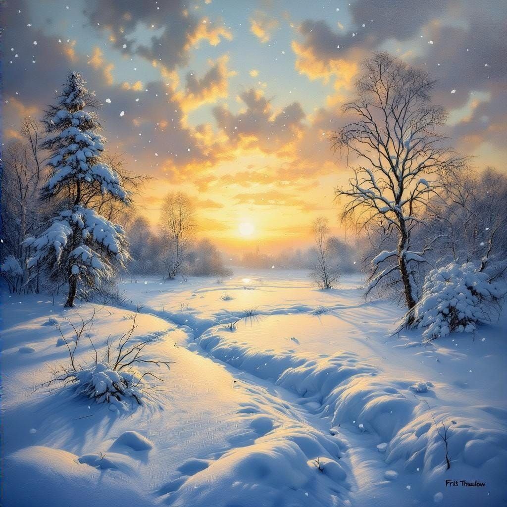 Snowy Winter Landscape at Sunrise: Oil Painting