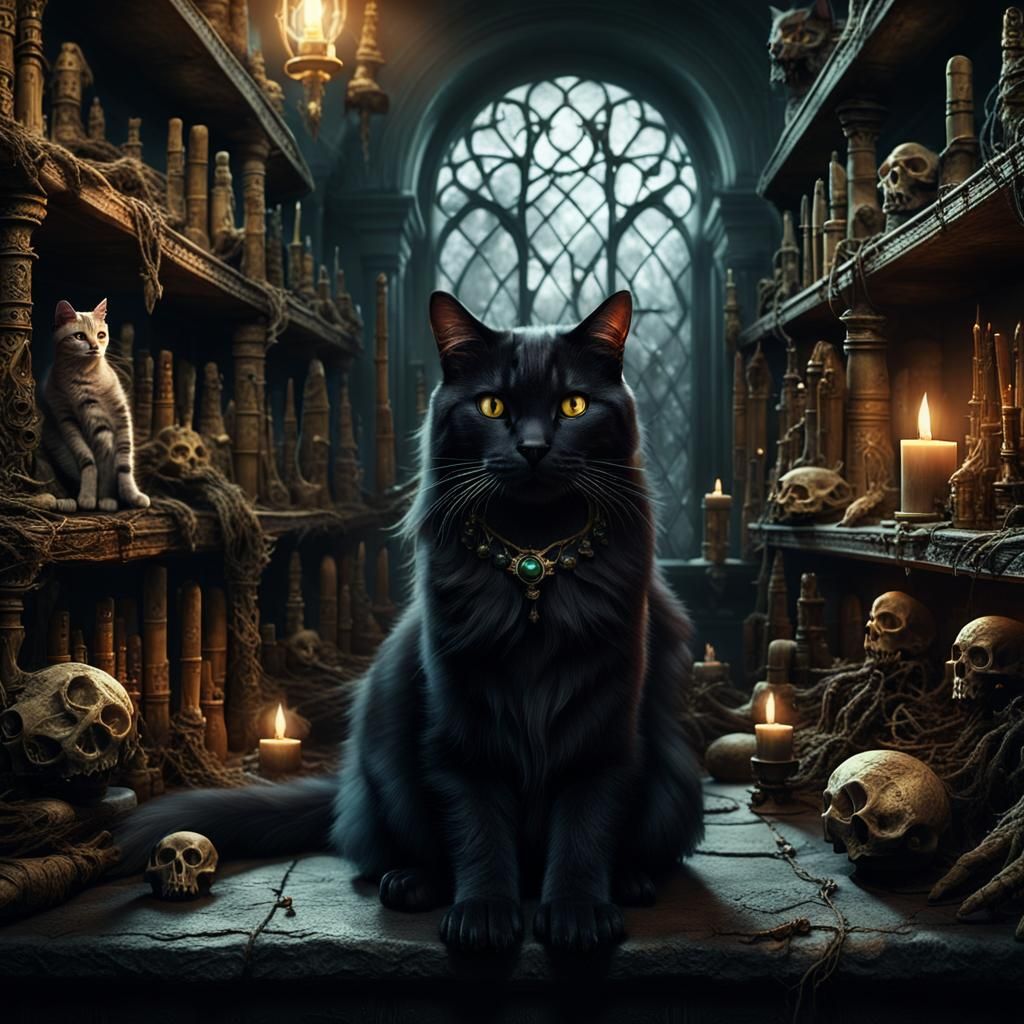 Elegant Cat in Mystical Chamber, Gothic Dark Fantasy