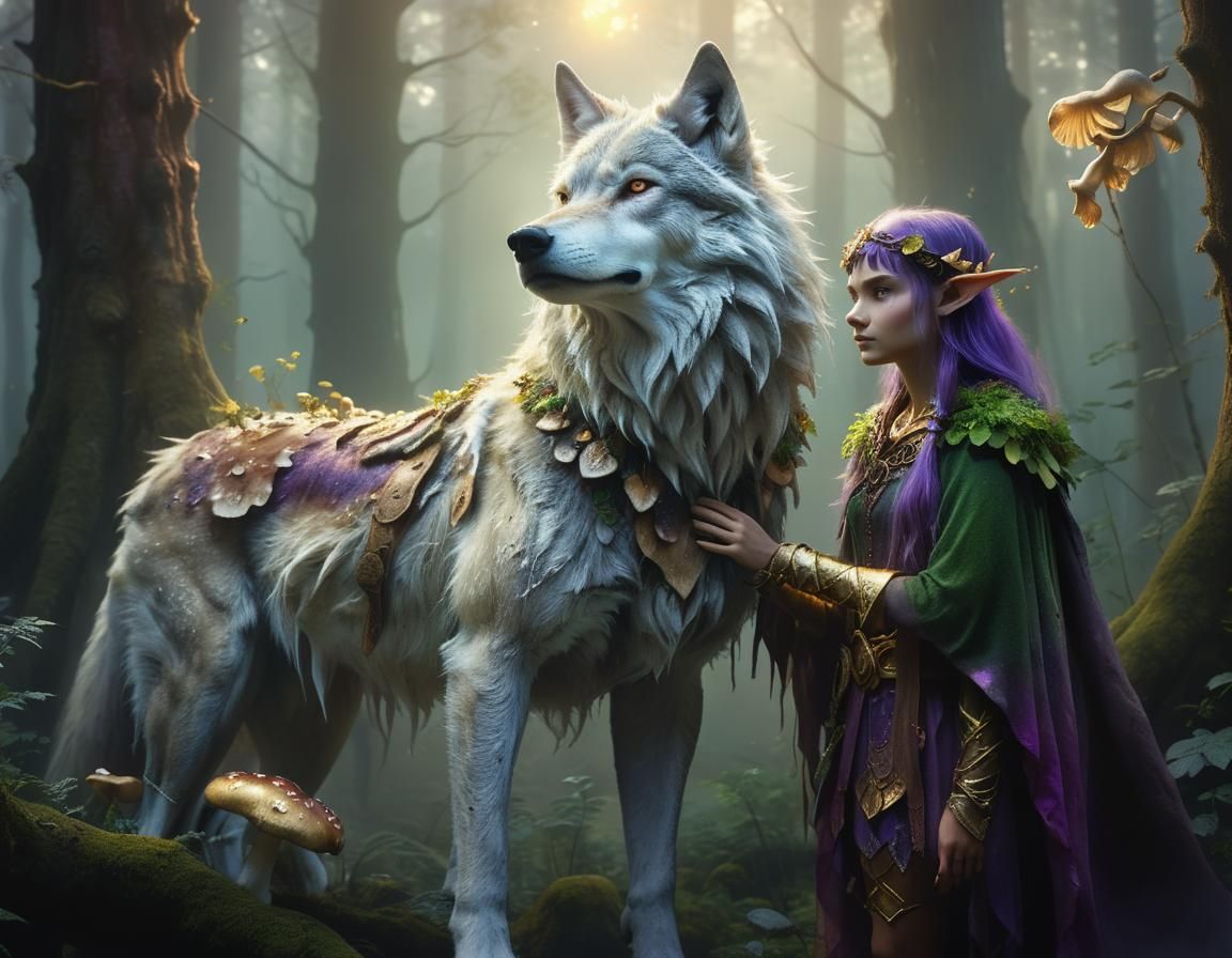 Ethereal Wolf and Elf in Misty Forest