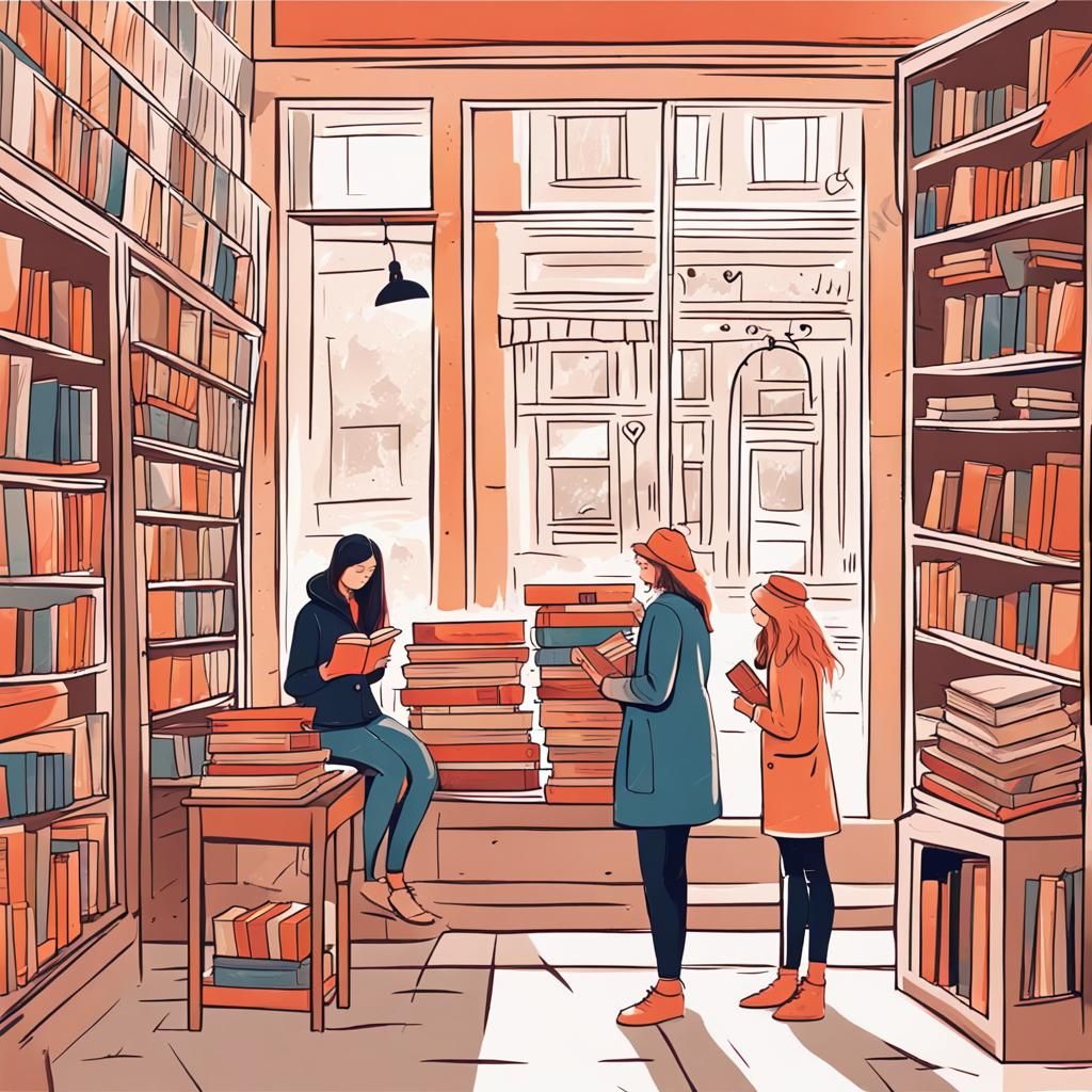 Cozy Book Shop Scene with Girl, Abstract Art