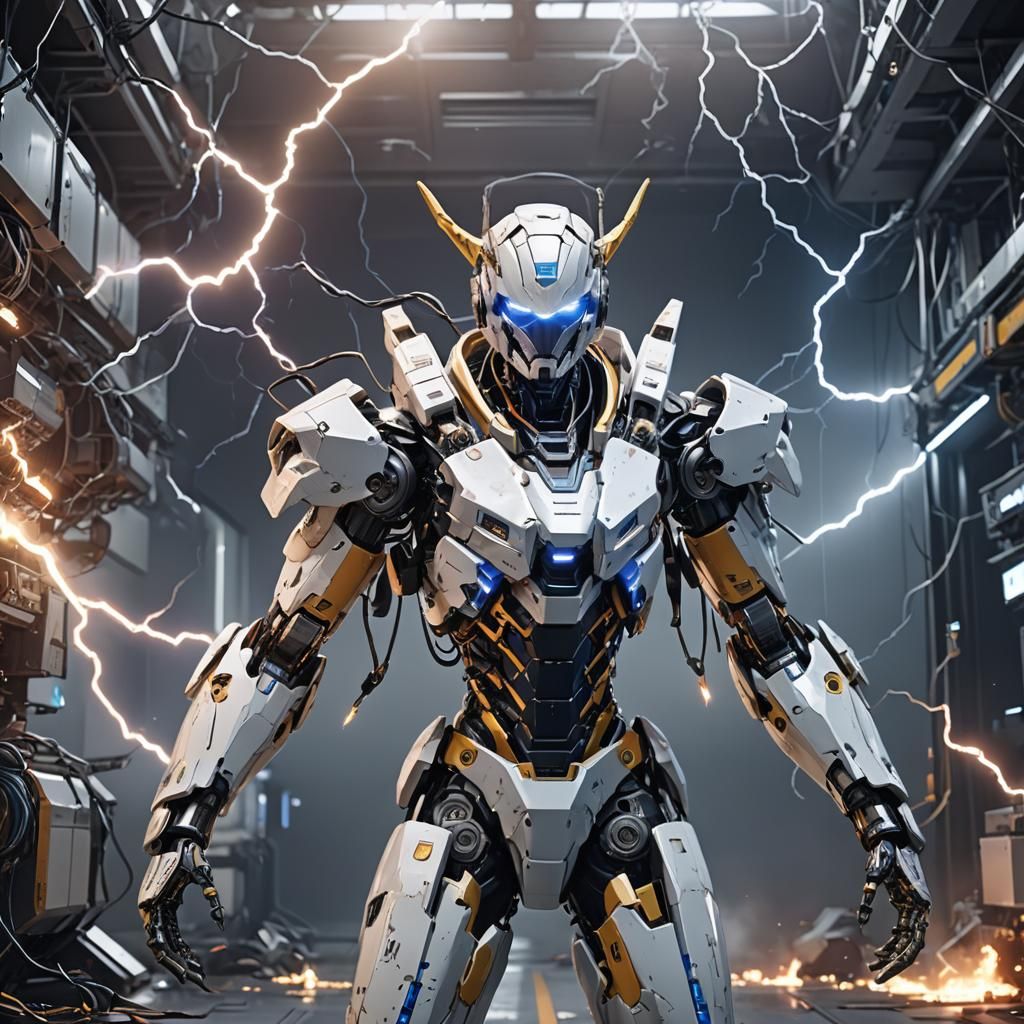 Anime-Style Robot Supercomputer Amidst Lightning