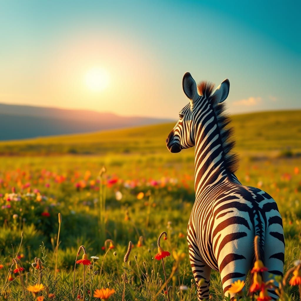 Majestic Zebra in Lush Meadow at Golden Hour
