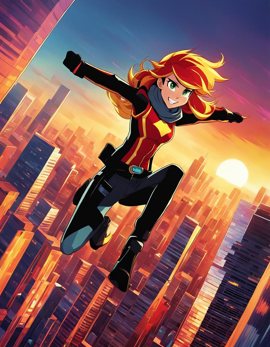 Sunset Shimmer Leaps from Skyscraper: Anime Style