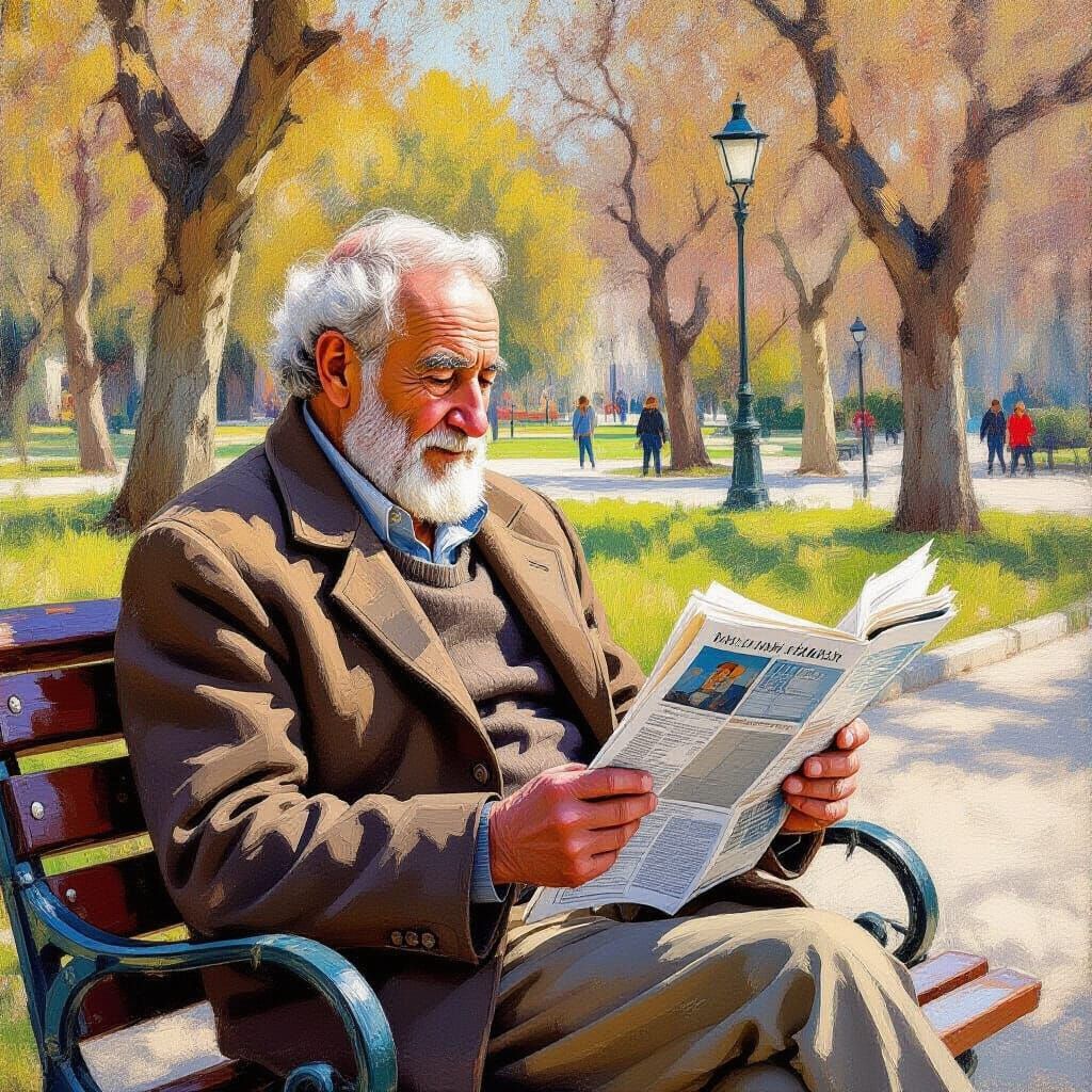 Elderly Israeli Man Reads Newspaper in Tel Aviv Park
