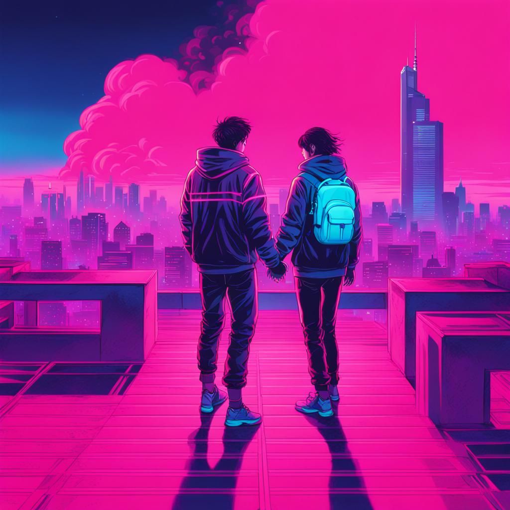 Couple Overlooking Burning City in Neon Retro Style