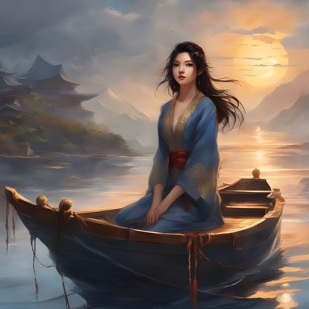 Beautiful Japanese Girl Portrait in Stormy Sea