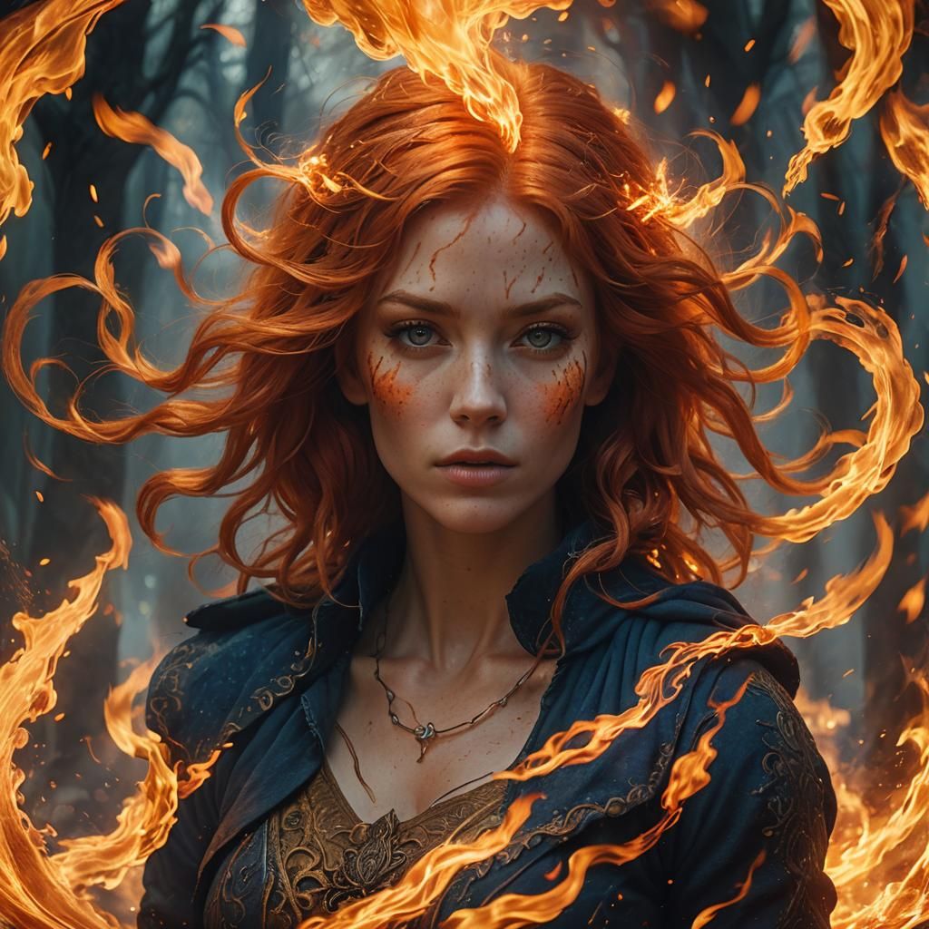 Flaming Red Hair Woman in Fire Vortex