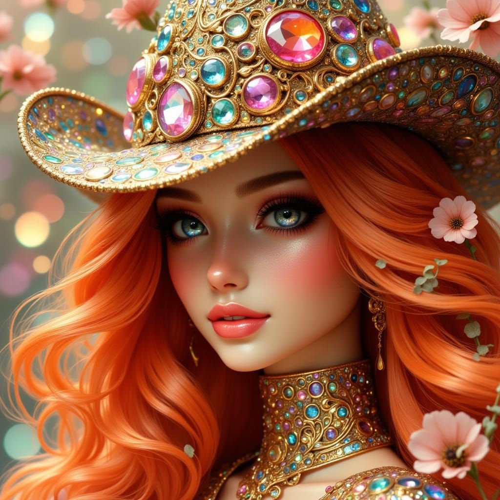 Whimsical Barbie Doll Woman in Shimmering Gold Cowboy Hat