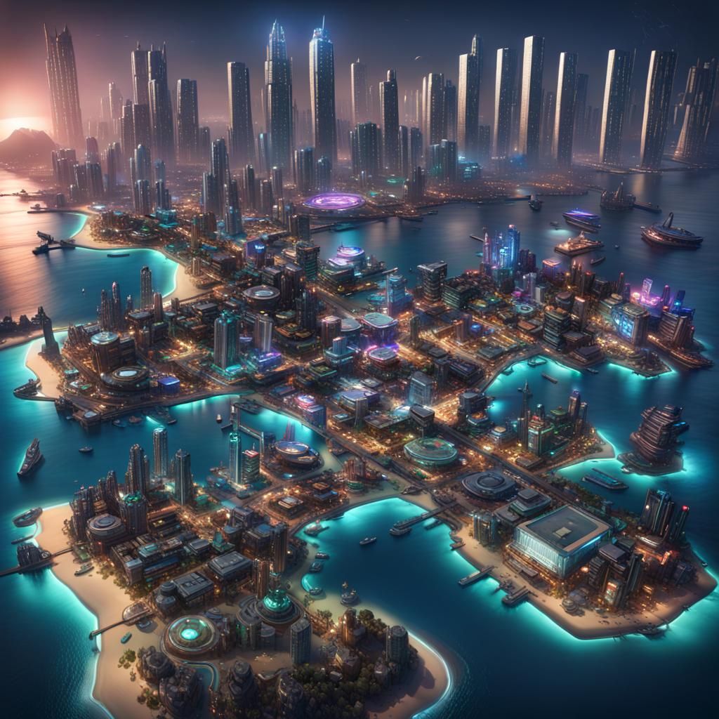 Cyberpunk Coastal State from Above: 3D Game Art