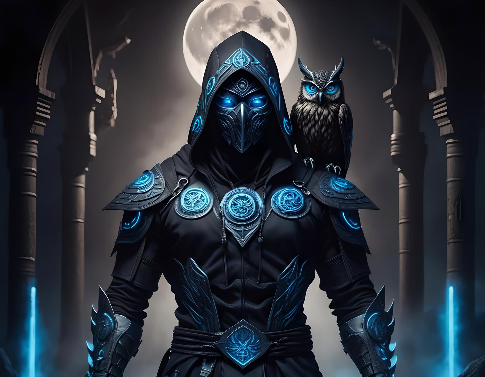Mystical Shimmerborn Ninja with Owl in Dark Fantasy