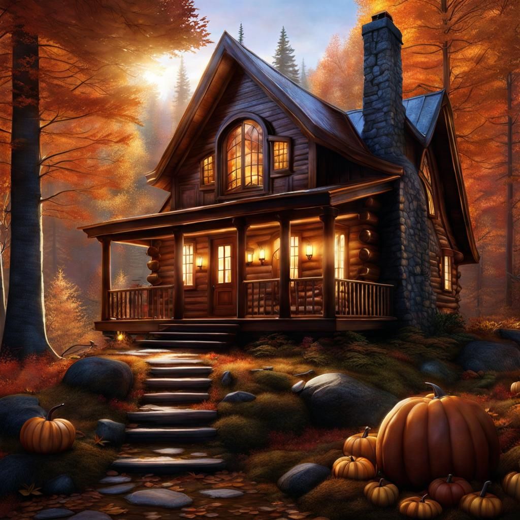 Enchanted Autumn Cabin in Hyperrealistic Detail