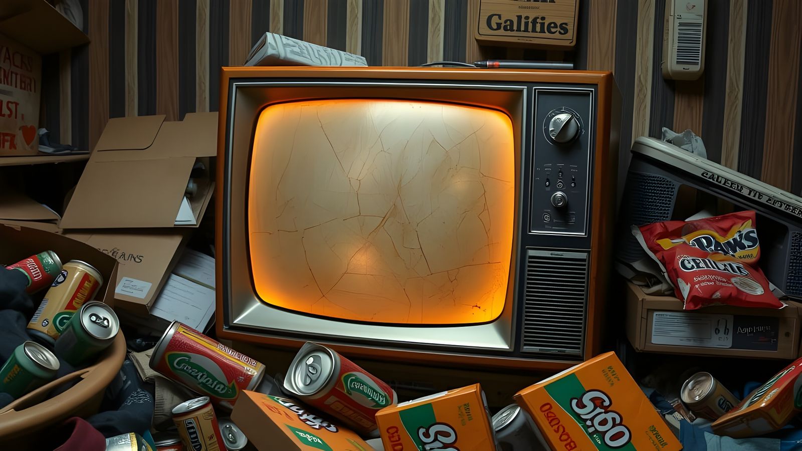 Retro 70s Television Amidst Filth and Chaos
