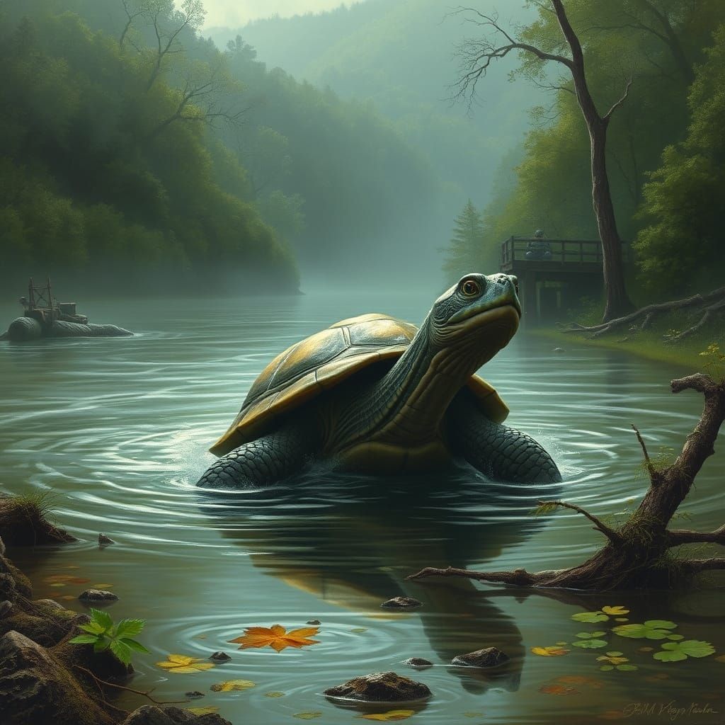 Dark Fantasy Turtle Emerges from River in a Haunting Industr...
