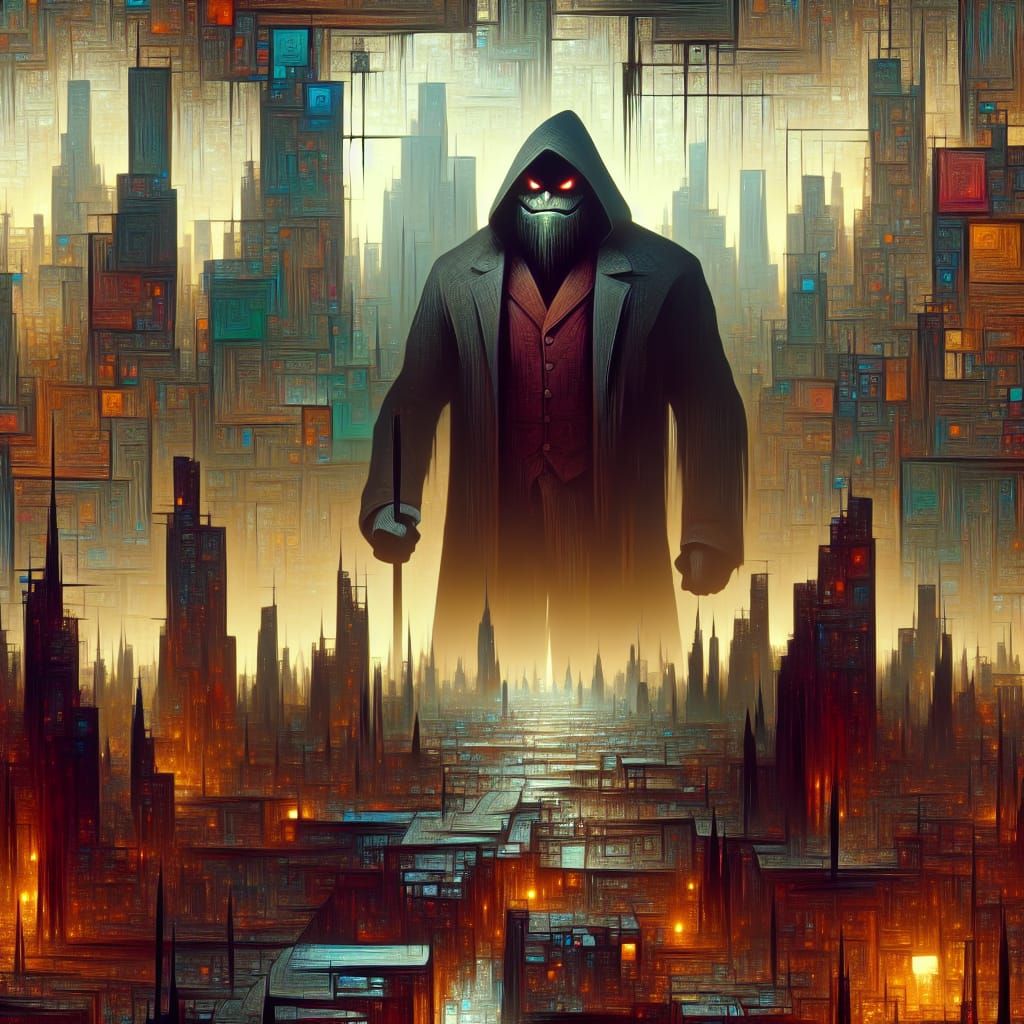 Grumpy Villain in Surreal, Gloomy Cityscape