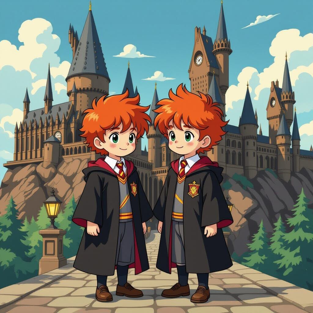 Red-Haired Twins at Hogwarts, Miyazaki-Inspired